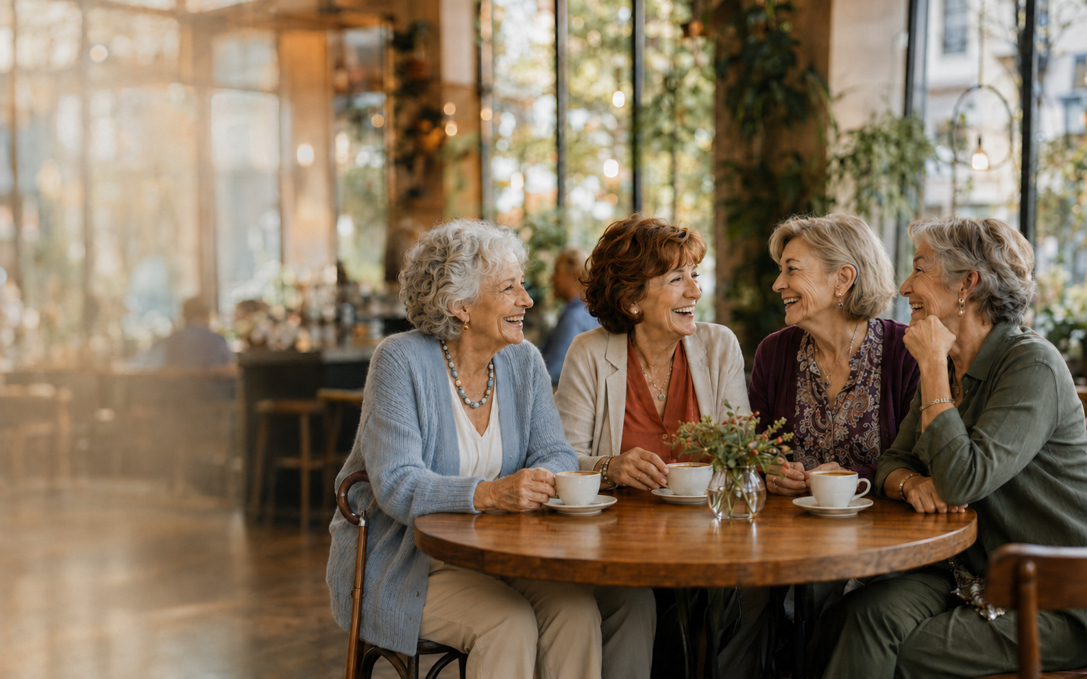 Cuatro mujeres mayores, una de ellas con bastón y otra con audífono, comparten un café y una conversación